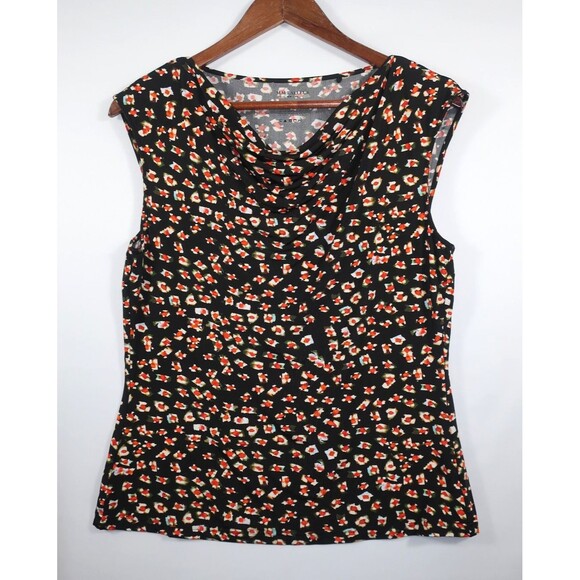 MM LaFleur Floral Sleeveless Top Size Medium Black Red Slinky Stretchy Cowl 6 8 - Picture 1 of 8